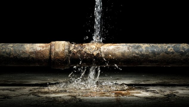 Leaking Rusty Water Pipe Under Pressure Causing Water Damage.