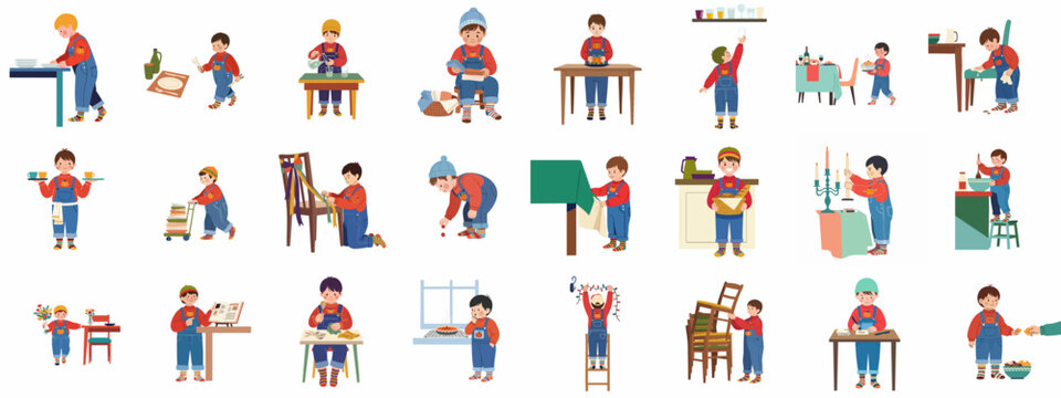 Young children diligently performing various household chores and preparing for a festive autumn gathering, showcasing helpfulness and family involvement.