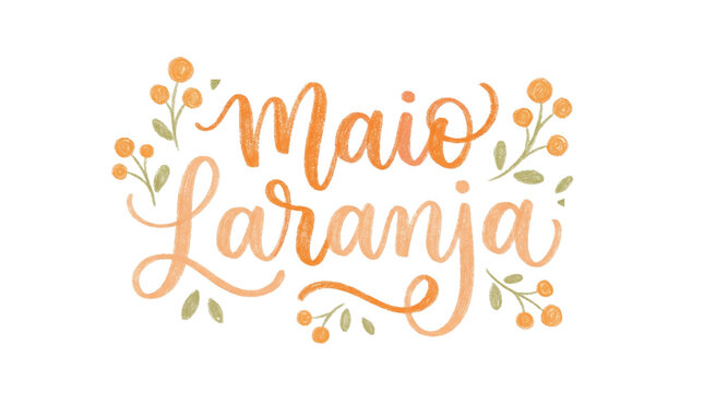 Maio Laranja Calligraphy Text Surrounded by Cute Little Orange Floral Berries on a White Background