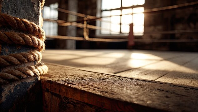 Old Boxing Ring Corner with Sunlight Rays and Rope Detail.