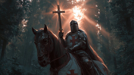 Fototapeta premium crusader warrior holding holy shining cross on horse