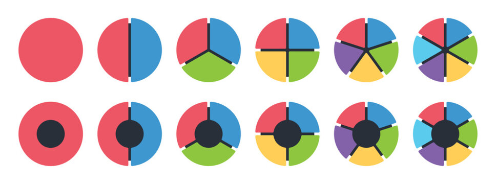 Pie and donut chart icons with one to six segments for infographics