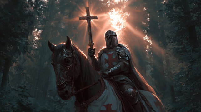 crusader warrior holding holy shining cross on horse