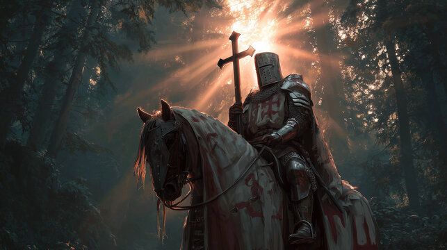 crusader warrior holding holy shining cross on horse