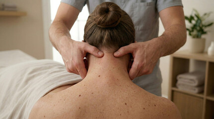 Naklejka premium Rear view close up of physiotherapist massaging neck of faceless female patient