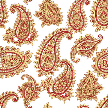 Red Gold Paisley Pattern on White Background