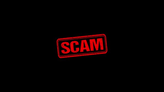 Textured Scam text animation. scam Rubber Stamp motion. impression slide down rubber seal 4k video.