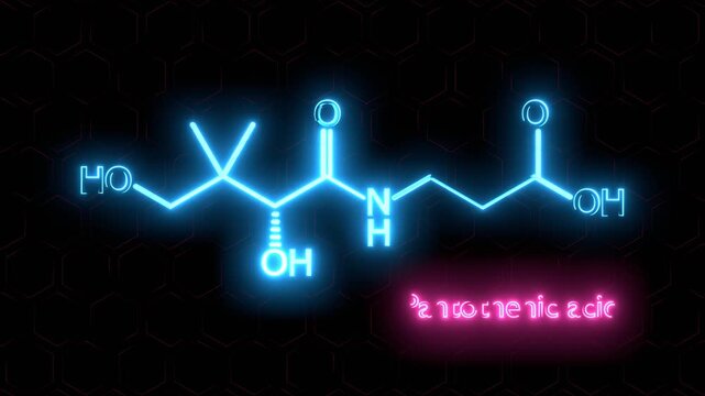 Pantothenic acid structural formula, vitamin B5. Essential nutrient. Neon glowing.