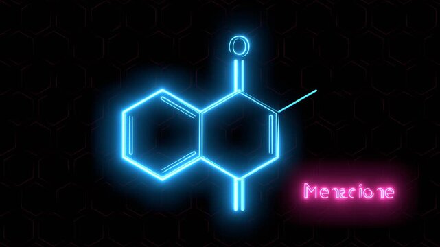 Vitamin k3 or menadione molecular formula. Essential nutrient plays a role in blood clotting. Medical and scientific concepts. Neon glowing.