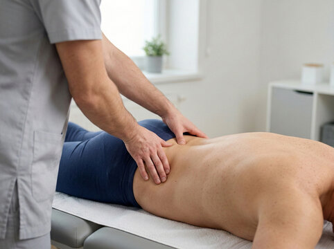 Close up of male physiotherapist massaging lower back of faceless patient