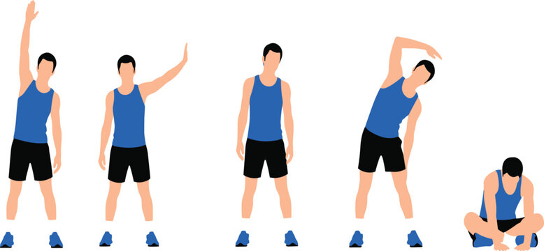 Minimalist vector of athletic man in blue tank top performing standing side stretches, overhead reaching, and seated forward bend for workout warm-up routine.