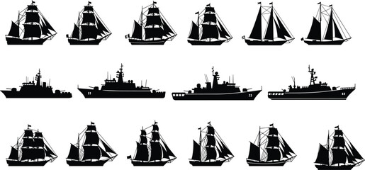 Collection of sailing ships and naval warships silhouettes, vintage maritime vessels set, black nautical transport icons isolated on white background © Azom