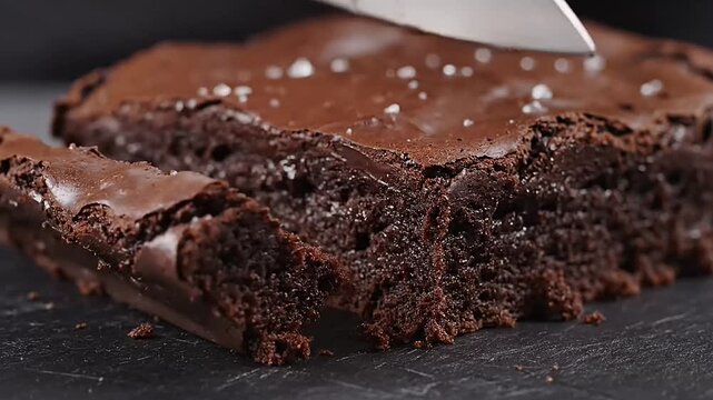 Decadent Chocolate Cake Being Sliced With a Knife, Showcasing Rich Fudgy Texture