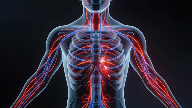 Anatomical 3D rendering of the human circulatory system, highlighting the intricate network of arteries and veins