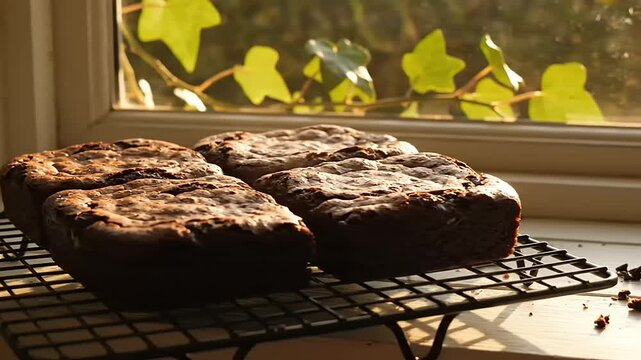 Four Rich Chocolate Loaf Cakes Cooling on a Rack Near a Sunlit Window with Ivy