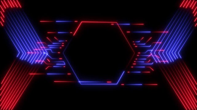 Blue neon glowing hexagon frame with abstract digital circuit patterns.