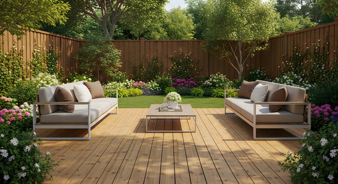 Beautiful backyard garden with wooden deck and modern furniture  outdoor living space
