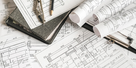 Fototapeta na wymiar Architecture blueprints with rolled plans, compass and clipboard on desk, construction documentation and engineering design workflow,planning and project management concept, copy space.