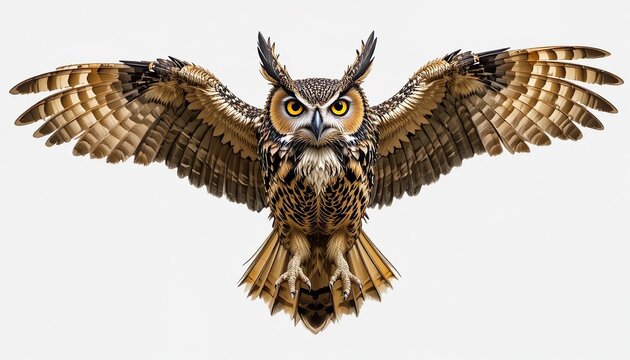 Front view of a great horned owl flying with wings fully spread, sharp talons forward, detailed feathers, intense yellow eyes, isolated on transparent background, high clarity, realistic wildlife imag