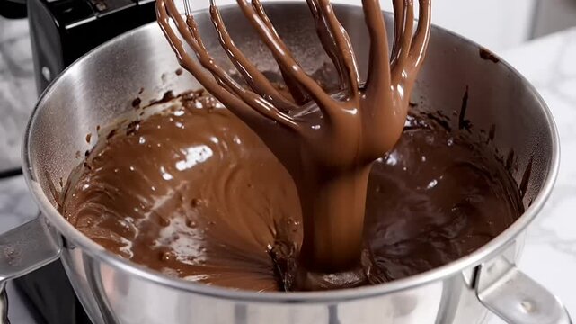 Rich chocolate batter being mixed in a stainless steel bowl with a whisk attachment on a stand mixer