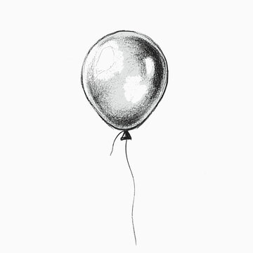 Single gray balloon with a thin string floating against a white background, hand-drawn sketch