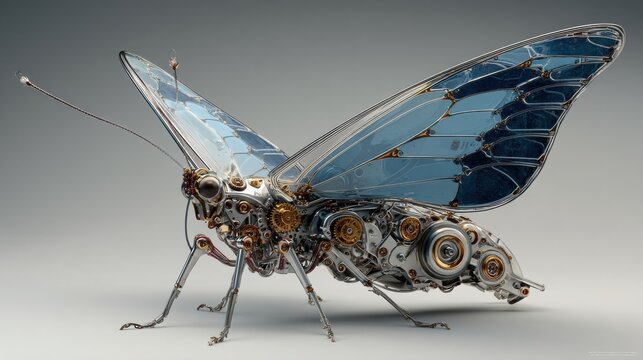 Intricate mechanical butterfly with metallic and glass wings