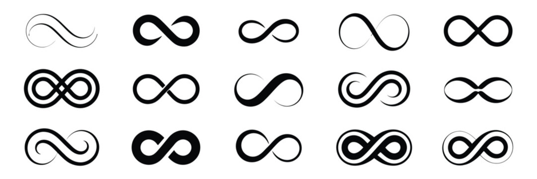 Infinity icon collection featuring eternity infinite endless loop symbols, unlimited abstract shapes in clean flat style, simple modern vector graphics suitable for web, mobile interface, corporate id