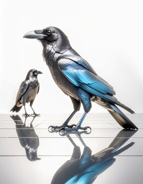 Metallic Silver Robot Crow Cyberpunk Mechanical Bird 3D CG Art Futuristic Biomechanical Raven Standing on White Background with Chrome Reflection