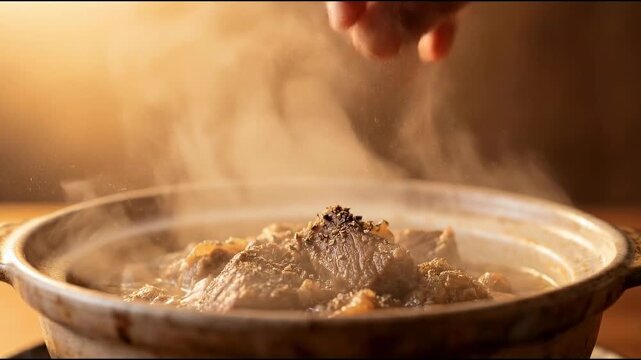 A culinary delight featuring a simmering pot of delicious stew, with a hand sprinkling seasonings creating an inviting feast.