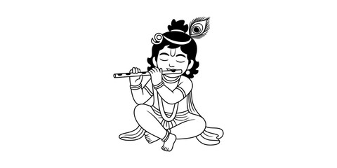 A simple cartoon illustration of young lord krishna playing the flute, sitting cross-legged. Vector, illustration © D-Stocker2026