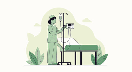 Nurse Administering IV Drip Treatment Beside Patient Bed with Medical Equipment