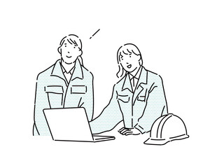 パソコンとヘルメットー作業服の女性二人が話し合うシーンー上半身ー事務仕事のベクターイラスト素材