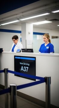 Modern Service Counter Scene Featuring Two Women and a Digital Display Showing Queue Number