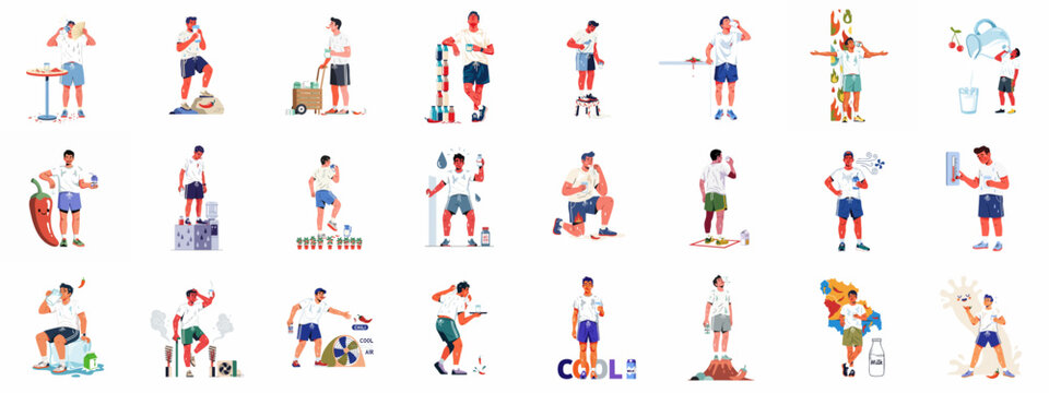 Man struggling with heat and spicy food, seeking relief with milk, water, and various cooling methods. Illustrations depict discomfort and coping strategies.
