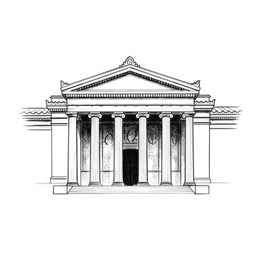 Classical Greek architecture with columns and pediment, hand-drawn illustration
