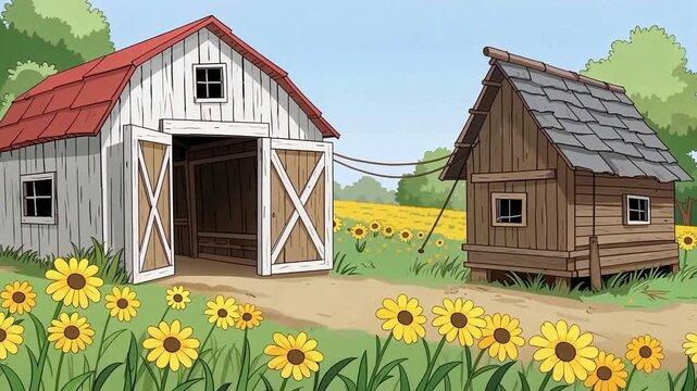 Animated Farm Barns with Sunflowers in a Sunny Field Video.