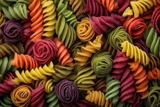 Colorful dried pasta spirals, a vibrant and textured food background