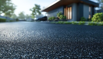 Fototapeta premium Sunlit driveway leading to a modern home with a car parked in the background