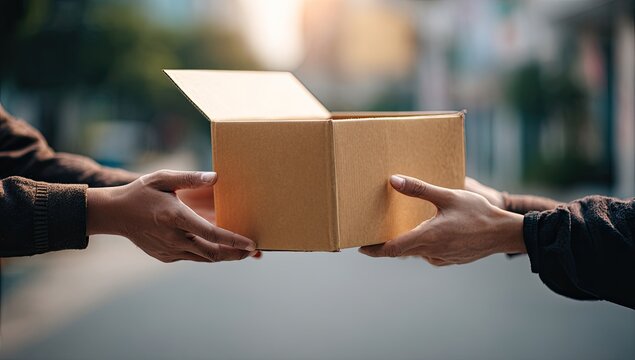 Hands exchange a cardboard package outdoors, suggesting delivery or transfer