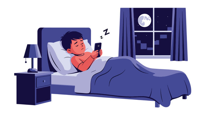 Modern vector illustration of child using smartphone late at night in bedroom. Sleep disruption and excessive screen exposure concept affecting childhood health and wellbeing
