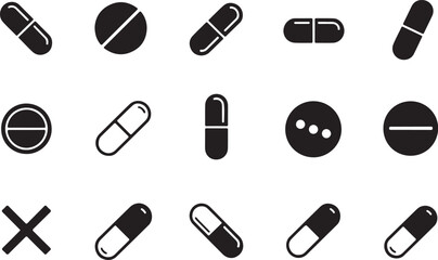 Medical icons pattern featuring pills and tablet vector. Black and white Pills with capsules icon set for medicine, pharmacy, and healthcare vector illustration
