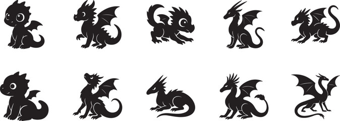 Cute little dragon icon set. Adorable fantasy creature thin line vector collection for design. © SB 