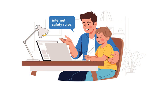 Modern vector illustration of father explaining internet safety rules to child using laptop. Digital awareness and responsible technology use parenting concept