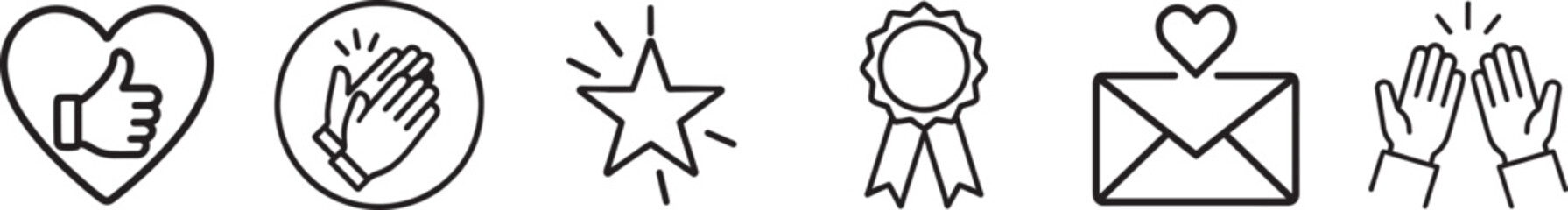 Fototapeta premium Appreciation thin outline icon set. Gratitude, praise, reward and thank you vector collection.