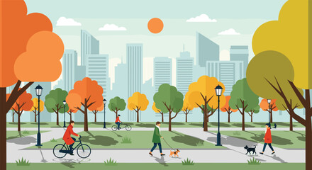 Naklejka premium People walking cycling and relaxing in autumn city park vector illustration