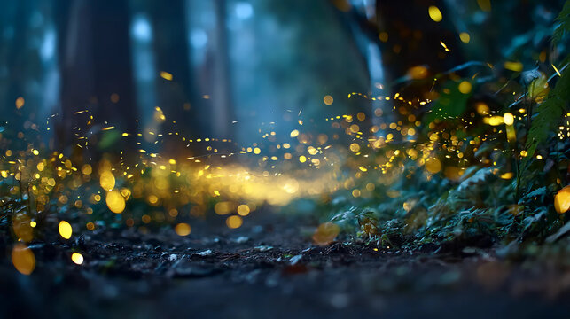 Magical Golden Light Path Through Misty Forest Floor | Ethereal Glowing Particles and Bokeh Lights on Woodland Trail at Night