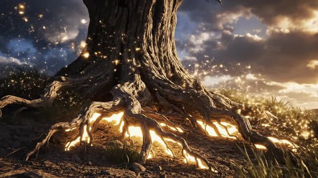 Solitary ancient tree stands resilient on windswept hill at sunset