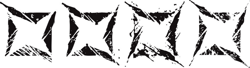 Obraz premium Abstract grunge star shapes with rough brush strokes in black and white, artistic geometric design elements