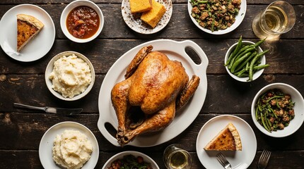 Gathering for a family meal with roasted turkey, sides, and dessert during a holiday celebration in a cozy dining setting