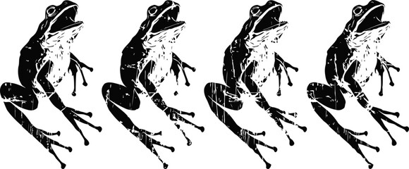 Fototapeta premium Black watercolor frog illustrations four jumping amphibians in dynamic poses nature animal ink drawings